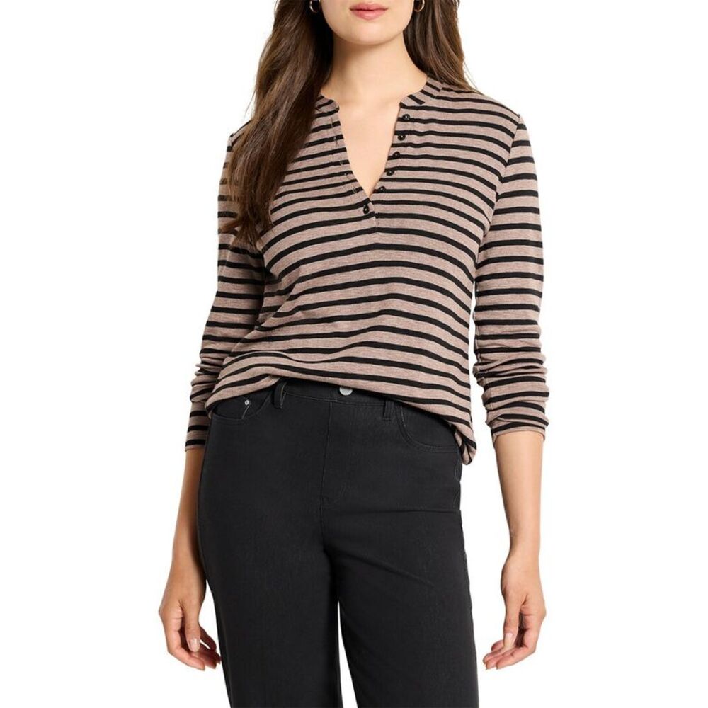 Nic+Zoe Womens  Petite Striped Henley T-Shirt, Brown